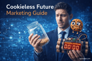 Cookieless future marketing concept showing the end of third-party cookies, privacy-first tracking strategies, and modern AI-powered digital marketing transformation by ugurcoban.com