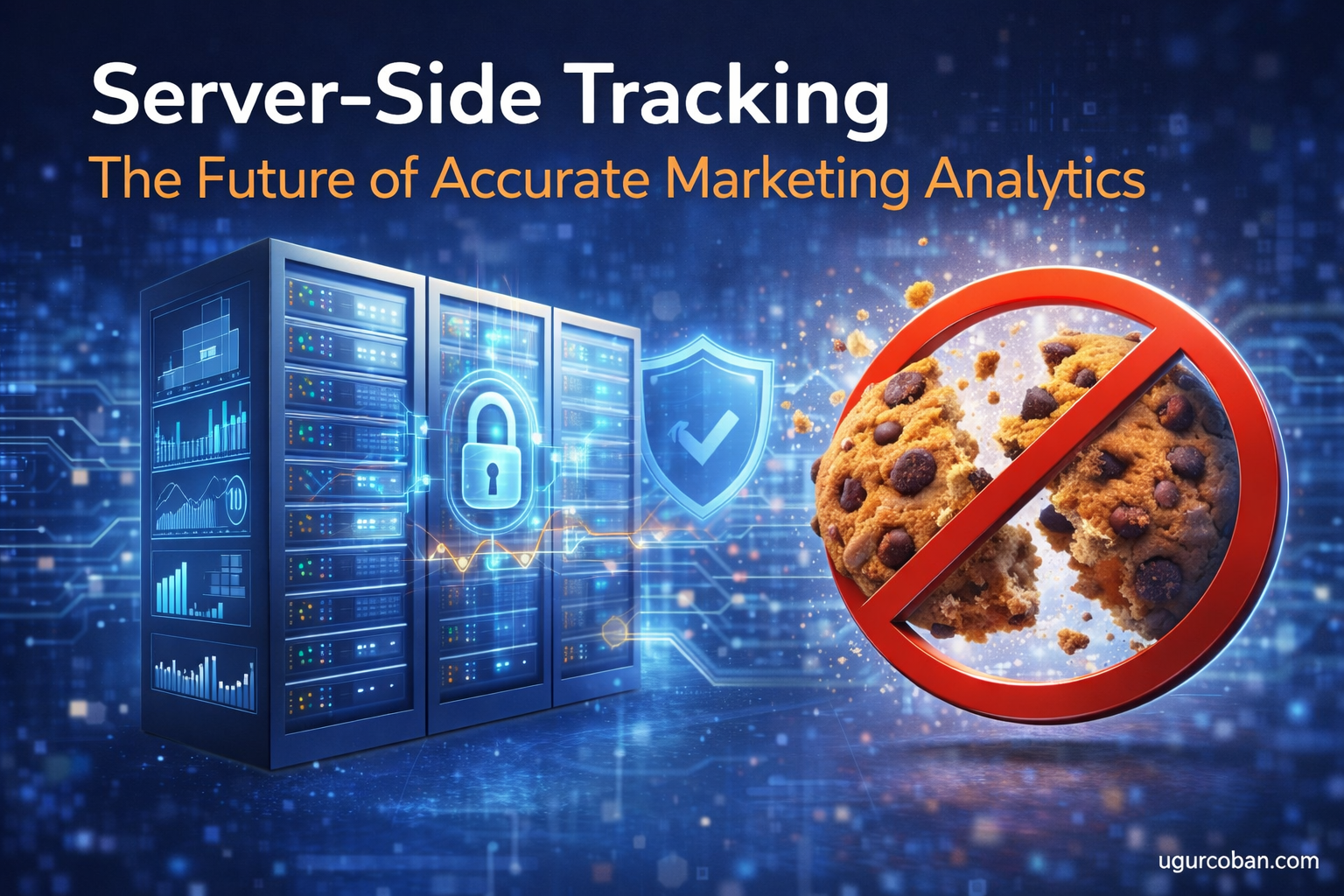 Server-side tracking concept showing privacy-first marketing analytics, secure data infrastructure, and the end of browser-based cookie tracking by ugurcoban.com