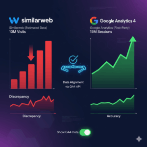 Infographic showing Similarweb and Google Analytics 4 data discrepancy and alignment process for website traffic analysis.