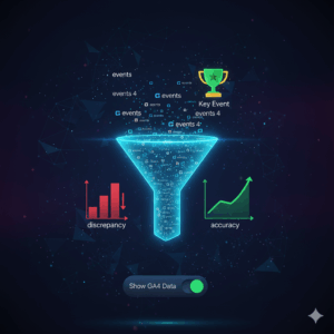 Infographic showing the transformation of raw events into Key Events in Google Analytics 4, featuring a digital funnel, data visualisations, and a trophy icon on a modern dark blue background.
