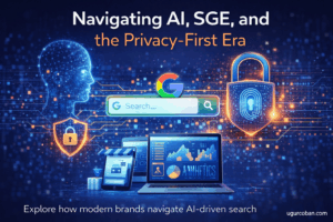 AI-driven search and privacy-first marketing concept showing Google SGE, data security, and modern analytics infrastructure by ugurcoban.com
