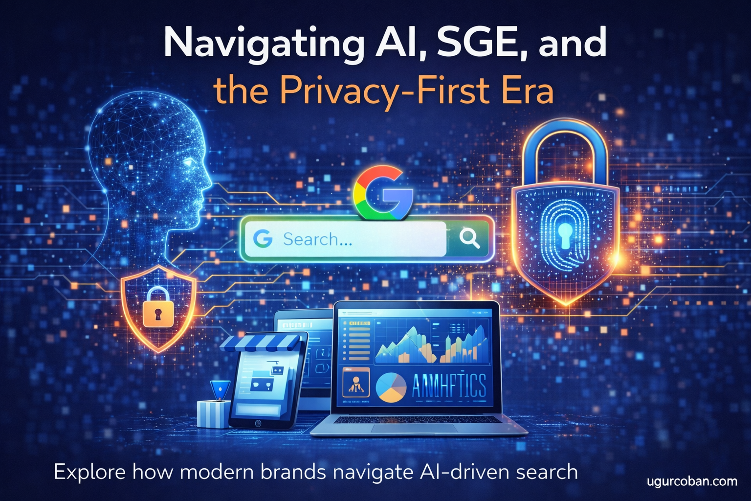 AI-driven search and privacy-first marketing concept showing Google SGE, data security, and modern analytics infrastructure by ugurcoban.com