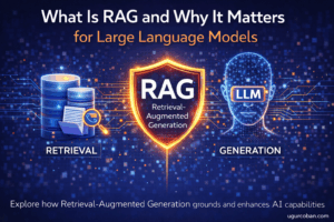 RAG architecture concept showing retrieval-augmented generation, knowledge grounding, and large language model intelligence systems