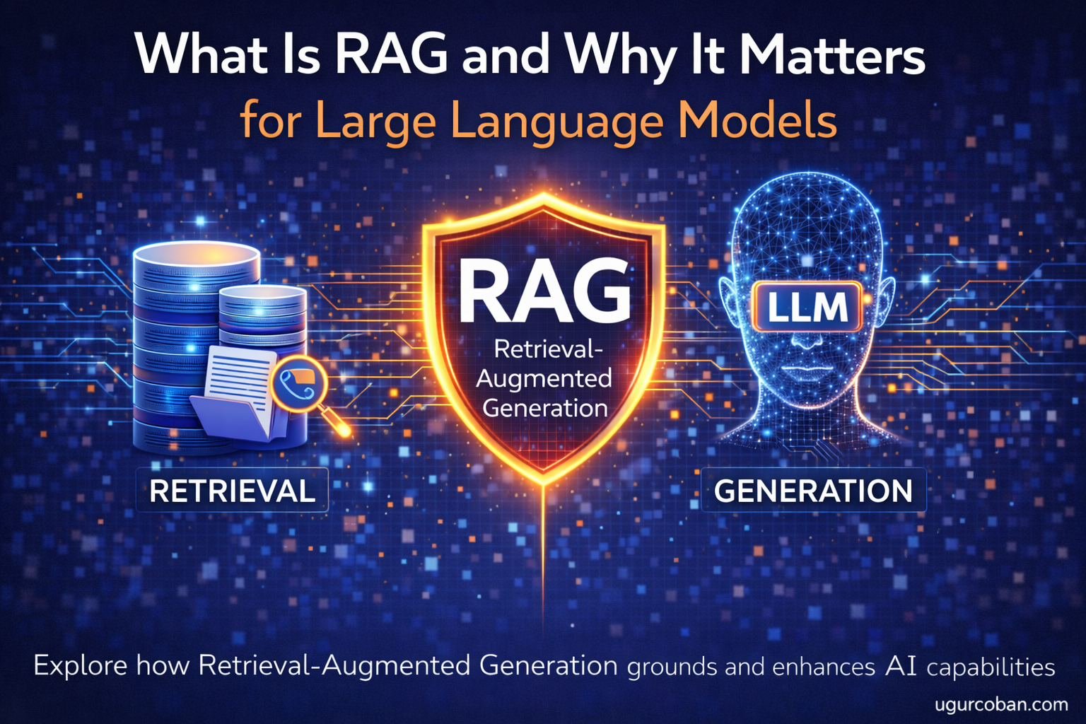 RAG architecture concept showing retrieval-augmented generation, knowledge grounding, and large language model intelligence systems
