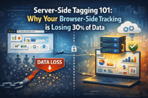 Analytics tracking comparison showing why browser-side tracking loses data without server-side tagging