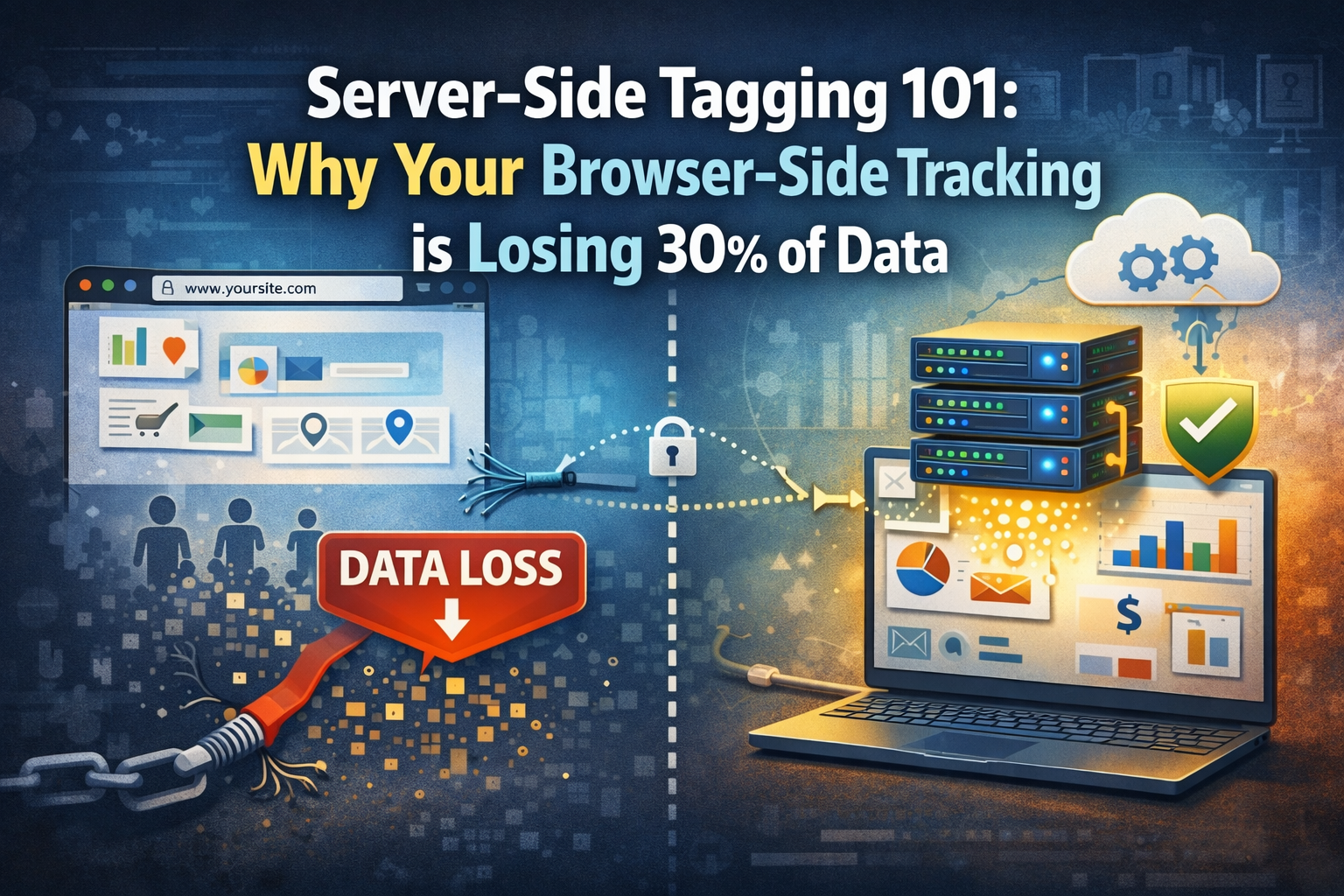 Analytics tracking comparison showing why browser-side tracking loses data without server-side tagging