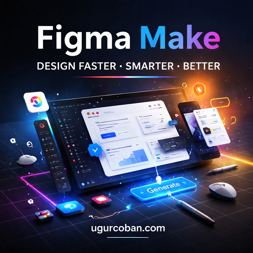 Figma Make AI design generation interface showing modern UI layouts, dashboards and digital product components in a futuristic workspace with ugurcoban.com branding