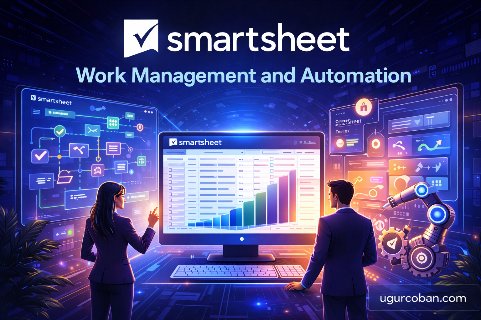 Illustration of Smartsheet work management and automation interface showing collaborative workflow dashboards, task tracking sheets, and automation processes used by teams to manage projects and operations efficiently, featured image for Smartsheet guide on ugurcoban.com