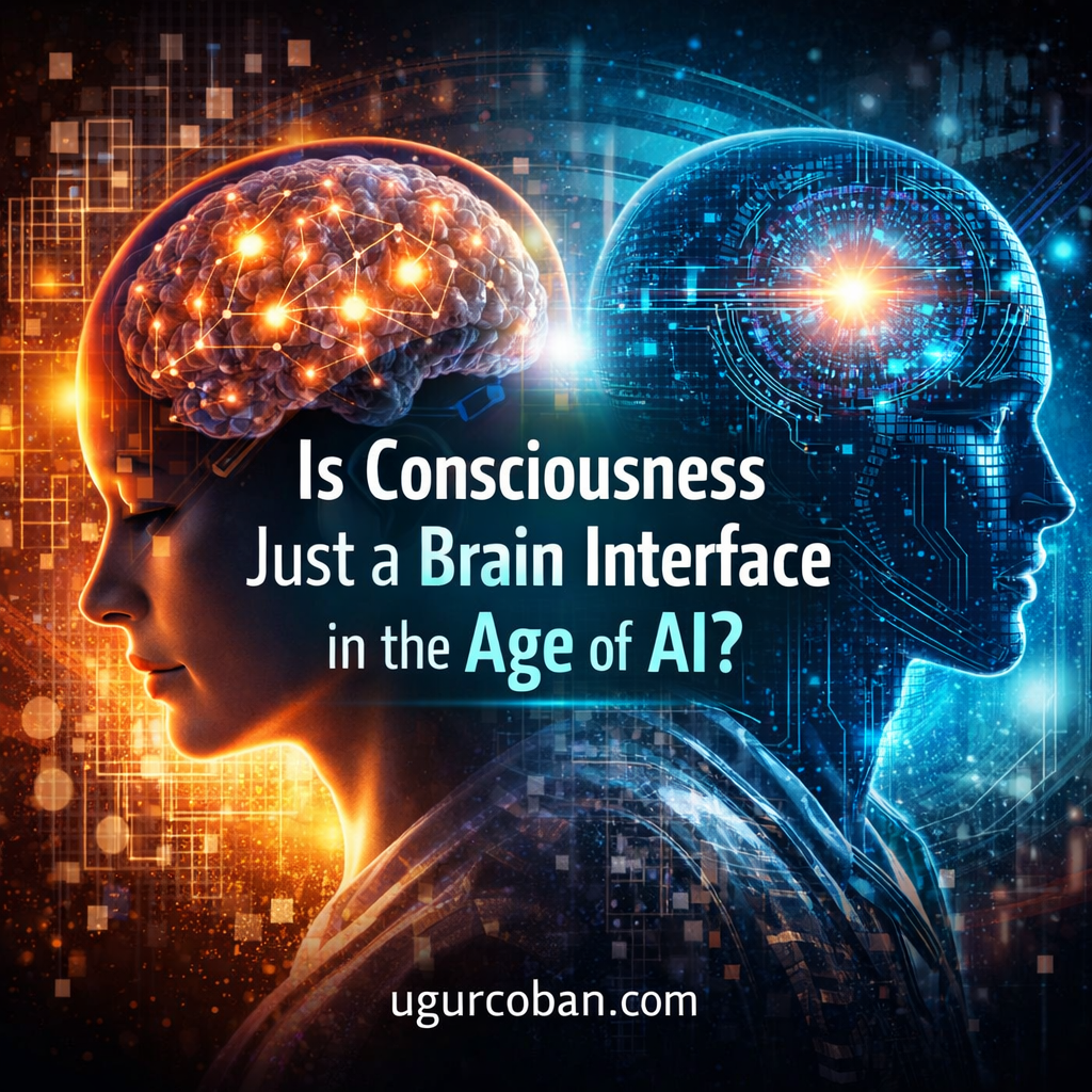 Split illustration of human brain and AI digital head facing opposite directions, representing consciousness as a brain interface in the age of artificial intelligence, futuristic neural connections and data visualization, ugurcoban.com branding visible