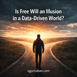 Silhouette of a person standing at a crossroads with two diverging paths ahead, symbolizing free will and decision making in a data-driven world, dramatic sky and lighting with ugurcoban.com branding