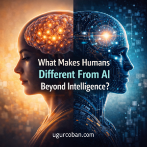 Side-by-side illustration of a human profile with glowing neural connections and an AI robotic head with digital circuitry, representing the difference between humans and artificial intelligence beyond intelligence, with ugurcoban.com branding