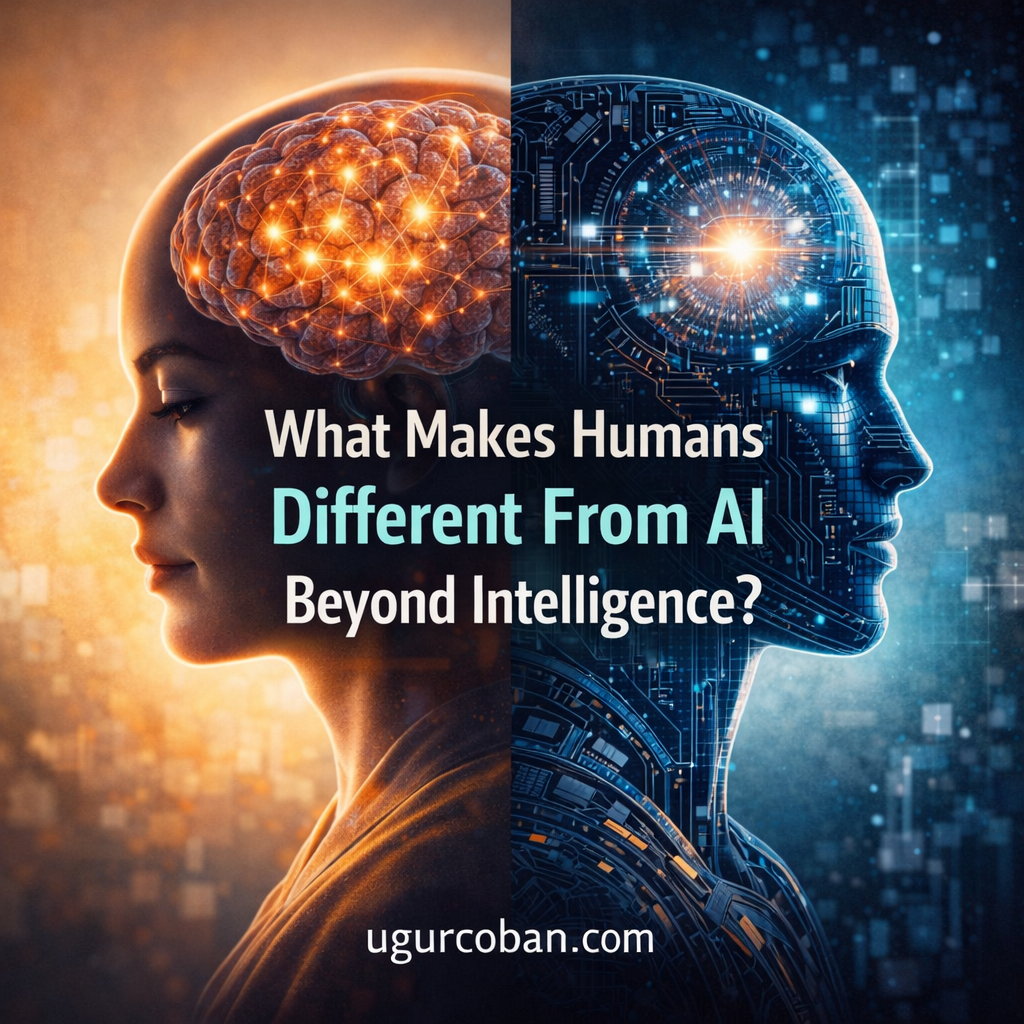 Side-by-side illustration of a human profile with glowing neural connections and an AI robotic head with digital circuitry, representing the difference between humans and artificial intelligence beyond intelligence, with ugurcoban.com branding