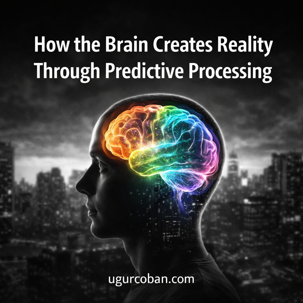 Black and white external world with a human head silhouette, inside the brain is vibrant and colorful, representing how the brain creates reality through predictive processing, with ugurcoban.com branding
