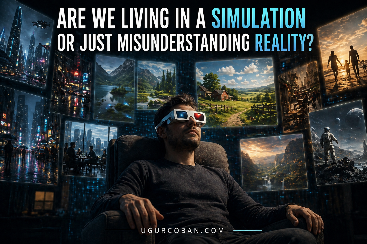 Man sitting in a chair wearing 3D glasses, surrounded by floating scenes of city life, countryside, and different realities he perceives as real, representing simulation theory and constructed reality, with ugurcoban.com branding