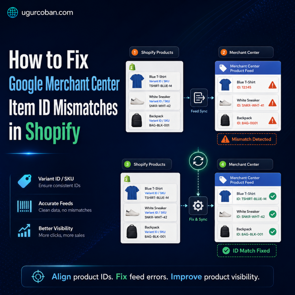 Illustration showing Shopify product IDs being synced with Google Merchant Center, highlighting item ID mismatches, feed errors, and corrected product ID matching for better product visibility.