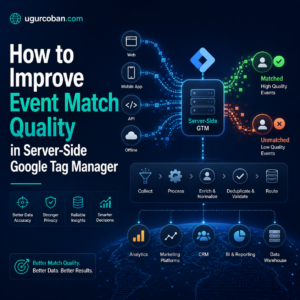 Illustration showing Server-Side Google Tag Manager improving event match quality by collecting, processing, enriching, validating, and routing web, app, API, and offline event data for analytics and marketing platforms.