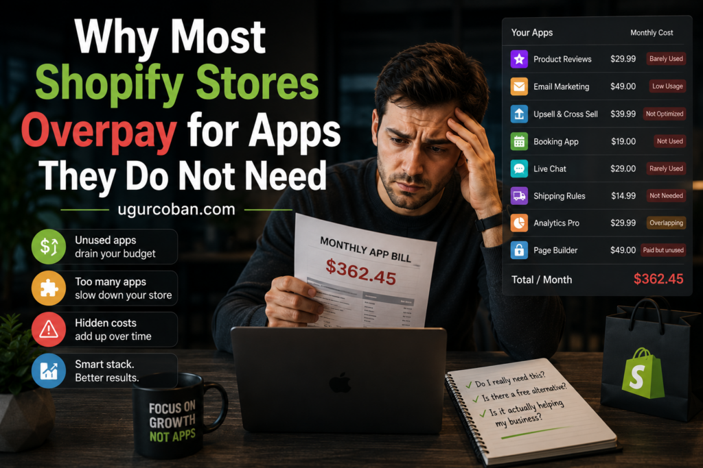 Shopify store owner reviewing a high monthly app bill and a list of rarely used or unnecessary apps, illustrating how excessive Shopify app costs can reduce store profitability, with ugurcoban.com branding.