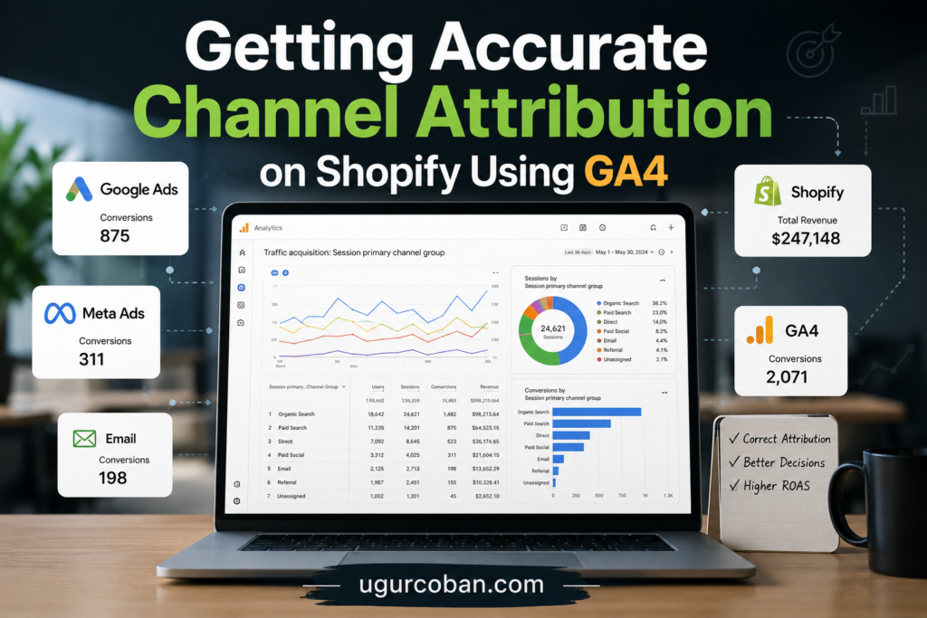 Laptop showing GA4 traffic acquisition and Shopify revenue dashboards with Google Ads, Meta Ads, email, and conversion attribution callouts, representing accurate channel attribution on Shopify using GA4 with ugurcoban.com branding.