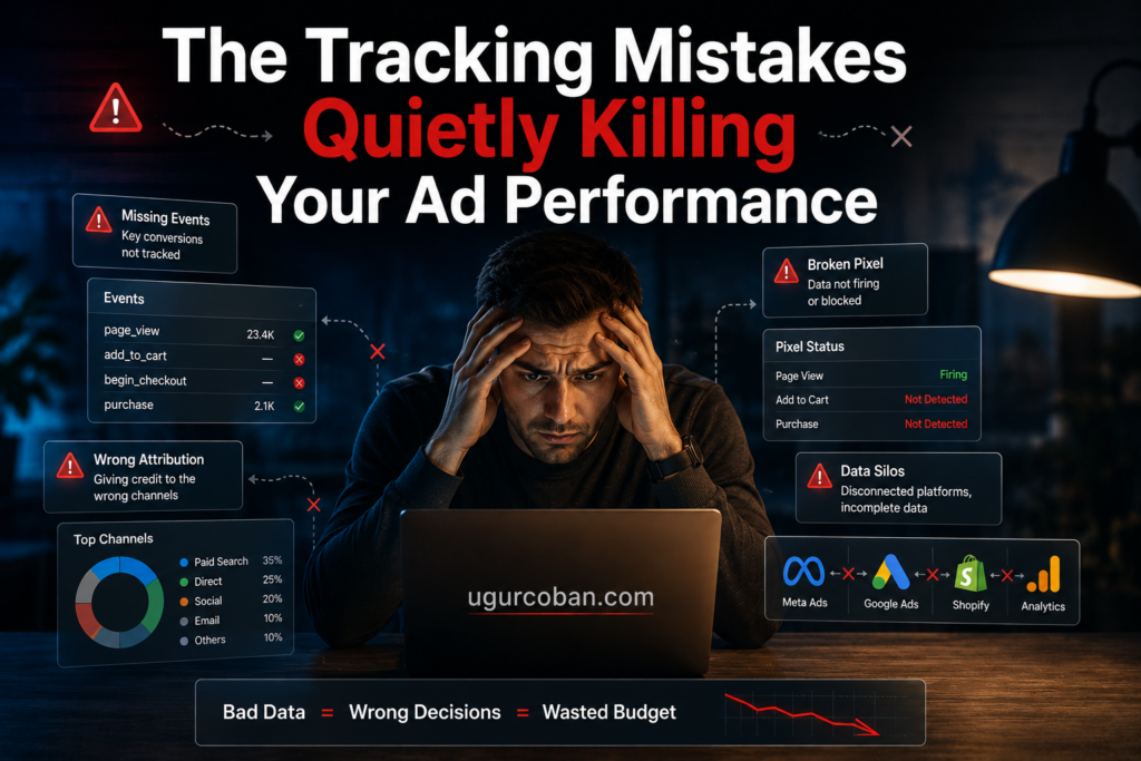 Stressed marketer reviewing broken pixel, missing events, wrong attribution, and disconnected ad platform tracking dashboards, showing how bad data quietly kills ad performance and wastes budget with ugurcoban.com branding.