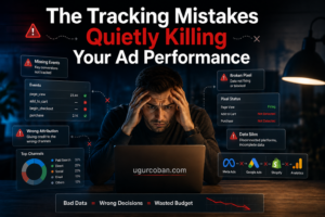 Stressed marketer reviewing broken pixel, missing events, wrong attribution, and disconnected ad platform tracking dashboards, showing how bad data quietly kills ad performance and wastes budget with ugurcoban.com branding.