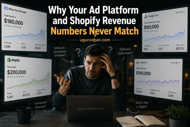 Comparison of revenue figures reported by Meta Ads, Google Ads, Google Analytics and Shopify showing attribution discrepancies across measurement platforms