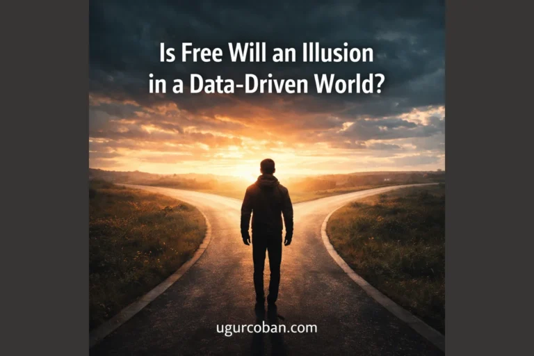 Silhouette of a person standing at a crossroads with two diverging paths ahead, symbolizing free will and decision making in a data-driven world, dramatic sky and lighting with ugurcoban.com branding