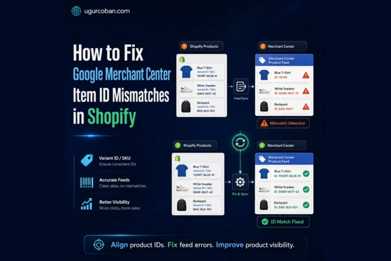Illustration showing Shopify product IDs being synced with Google Merchant Center, highlighting item ID mismatches, feed errors, and corrected product ID matching for better product visibility.