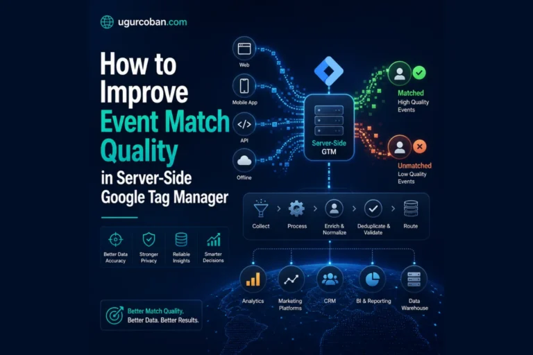 Illustration showing Server-Side Google Tag Manager improving event match quality by collecting, processing, enriching, validating, and routing web, app, API, and offline event data for analytics and marketing platforms.