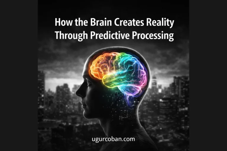 Black and white external world with a human head silhouette, inside the brain is vibrant and colorful, representing how the brain creates reality through predictive processing, with ugurcoban.com branding