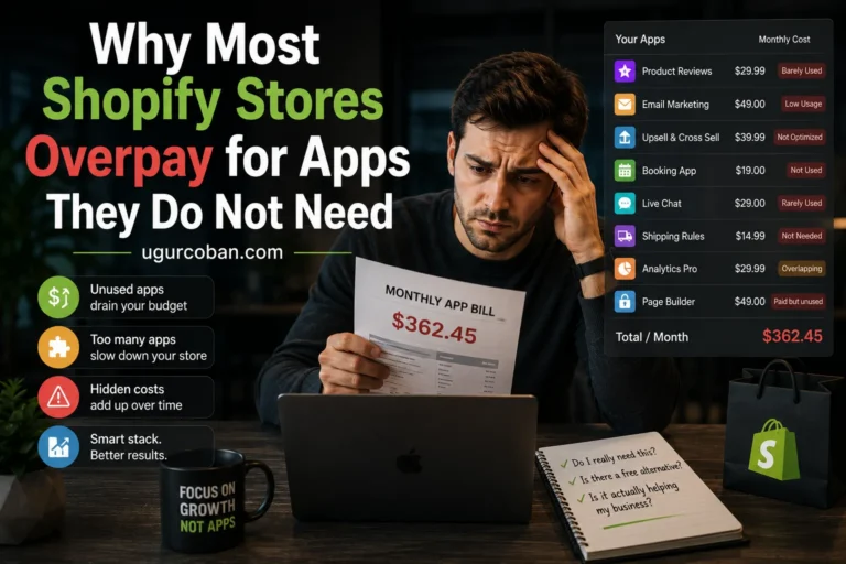 Shopify store owner reviewing a high monthly app bill and a list of rarely used or unnecessary apps, illustrating how excessive Shopify app costs can reduce store profitability, with ugurcoban.com branding.