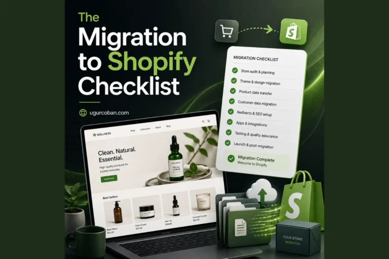 A premium e-commerce migration checklist visual showing a laptop store interface, Shopify icon, checked migration tasks, and data transfer elements for a Shopify migration guide by ugurcoban.com