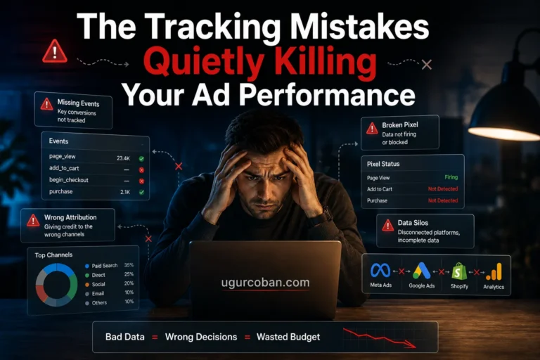 Stressed marketer reviewing broken pixel, missing events, wrong attribution, and disconnected ad platform tracking dashboards, showing how bad data quietly kills ad performance and wastes budget with ugurcoban.com branding.